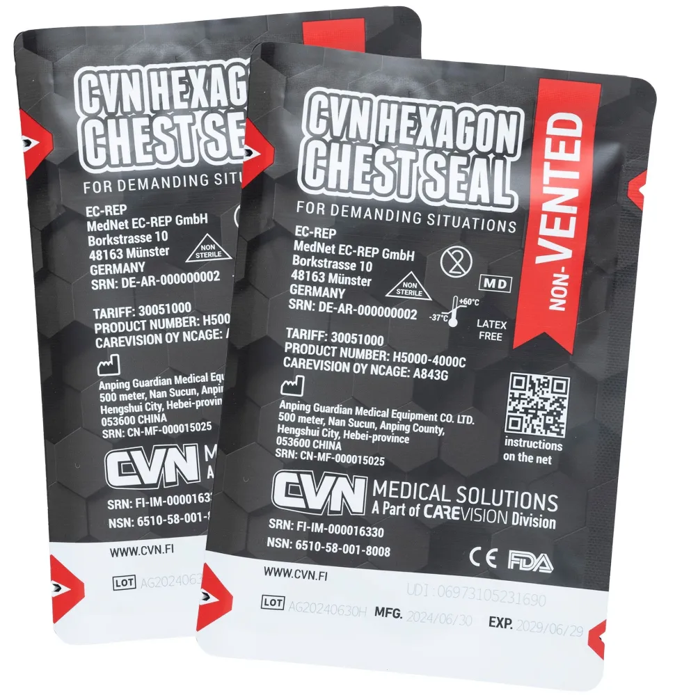 CVN Hexagon Chest Seal venttiilitön ilmarintasidos, 2-Pack